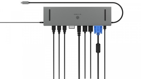 Stacja dokująca IB-DK2106-C Type-C z potrójnym wyjściem wideo, 2x High Speed HDMI typu A, 1x interfejs VGA, trzy interfejsy USB 