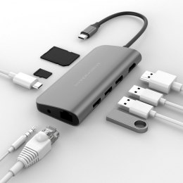 Stacja dokująca Hyper POWER 9-in-1 USB- C HUB, Gigabit Ethernet, 4K HDMI, MicroSD, 3x USB-A, USB-C PD 60W, AudioJack Szara