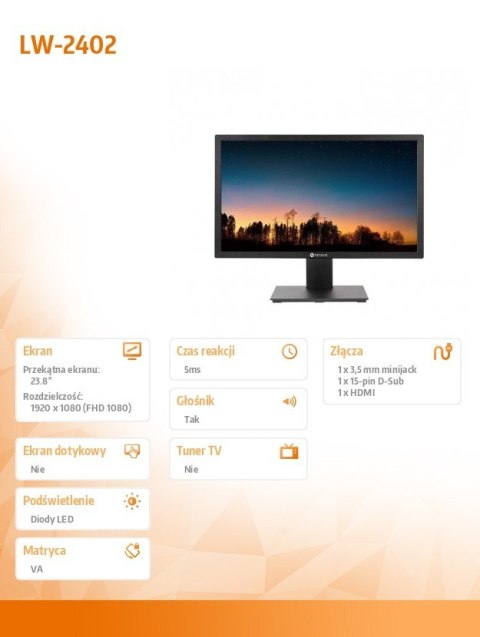 Monitor 24 cale LW-2402 HDMI VGA czarny