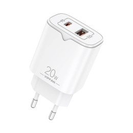 Ładowarka sieciowa VFAN E08, USB + USB-C, 20W PD + QC 3.0 (biała)