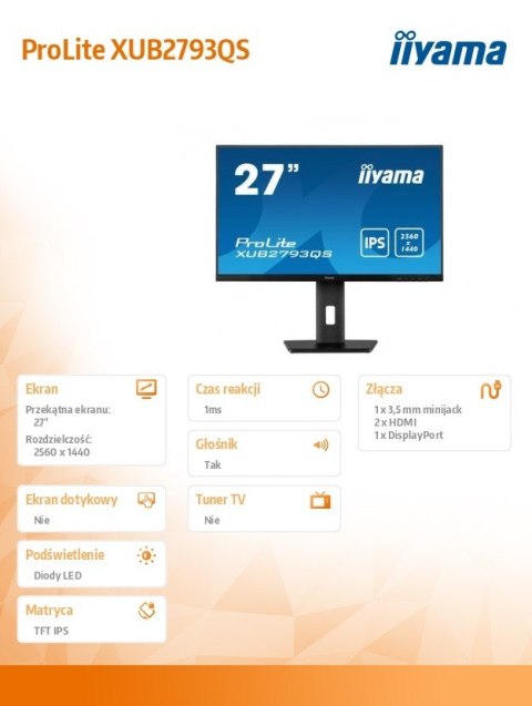 Monitor 27 cali XUB2793QS-B1 IPS,WQHD,2xHDMI,DP,2x2W,HAS,300cd/m2