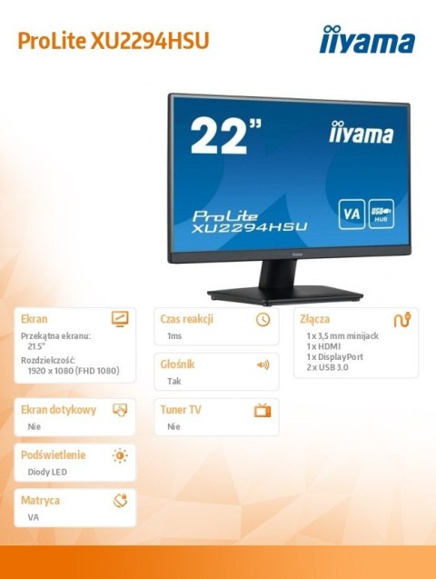 Monitor 21.5 cala XU2294HSU-B2 VA,FHD,HDMI,DP,USB3.0,2x2W,VESA