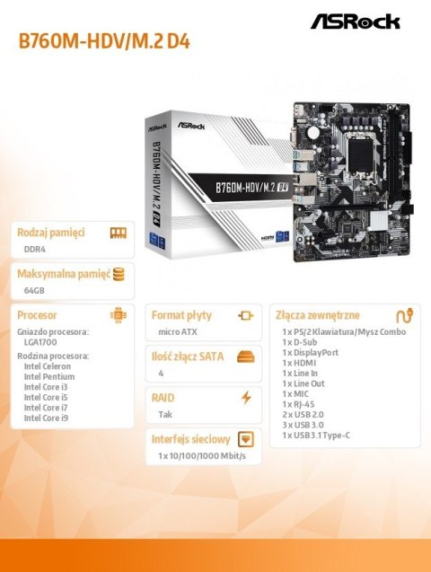 Płyta główna B760M-HDV/M.2 D4 s1700 2DDR4 DP/HDMI mATX
