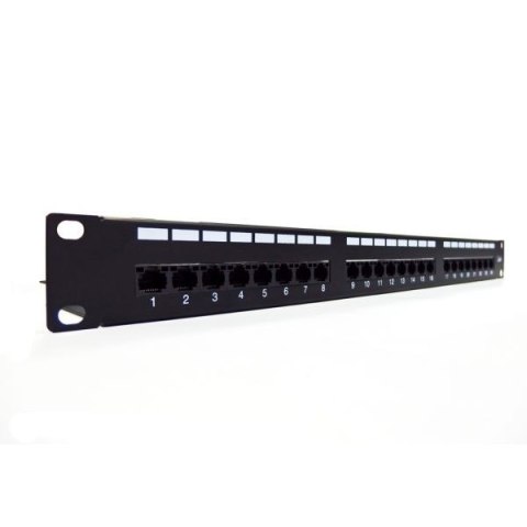 Patch panel 19" 24 porty, kat.6, S/FTP, 1U, wspornik kablowy, czarny (kompletny)