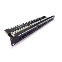 Patch panel 19" 24 porty, kat.6, S/FTP, 1U, wspornik kablowy, czarny (kompletny)