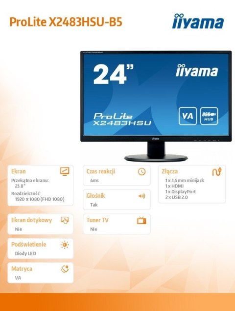 Monitor 23.8 cala X2483HSU-B5 VA,HDMI,DP,USBx2,2x2W,ACR-80M:1