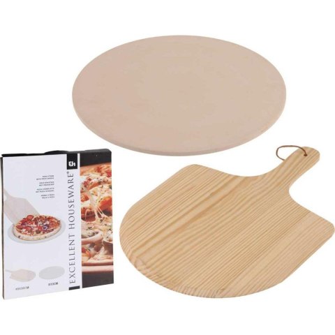 Kamień do pieczenia pizzy z łopatką Zestaw do pizzy składający się z talerza wykonanego z trwałej ceramiki oraz drewnianej łopat