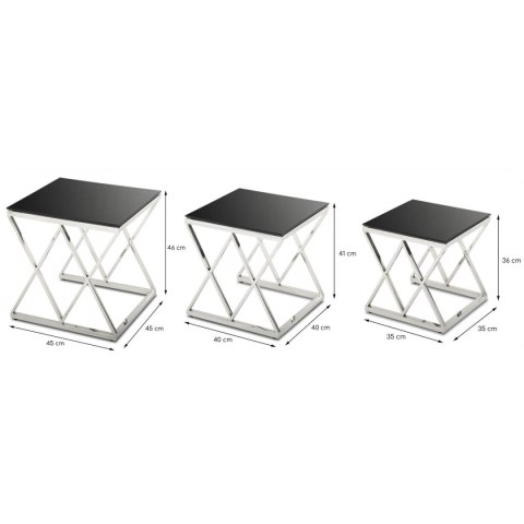 Komplet 3 stolików Timantti Silver Black Wykonane ze stali nierdzewnej w kolorze srebrnym, blat z hartowanego czarnego szkła