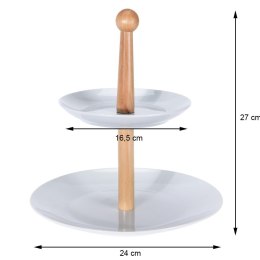 Porcelanowa patera na dwa poziomy 27 cm Dwupoziomowa patera z drewnianym uchwytem na ciasteczka, owoce, słodycze o wymiarach: 27