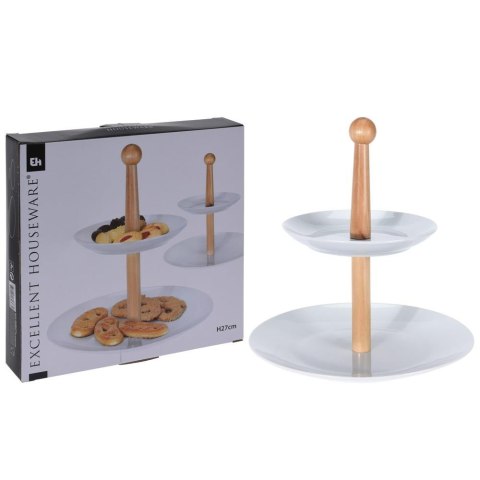 Porcelanowa patera na dwa poziomy 27 cm Dwupoziomowa patera z drewnianym uchwytem na ciasteczka, owoce, słodycze o wymiarach: 27