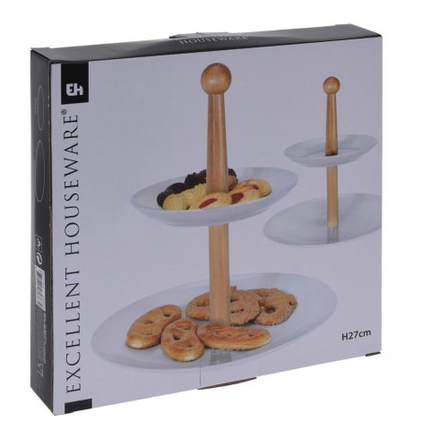 Porcelanowa patera na dwa poziomy 27 cm Dwupoziomowa patera z drewnianym uchwytem na ciasteczka, owoce, słodycze o wymiarach: 27