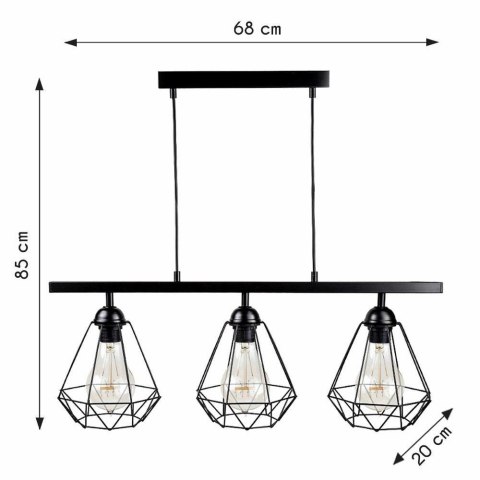 Potrójna lampa wisząca Diamante Lampa sufitowa składająca się z trzech lamp na listwie. Wysokość max. 85 cm, szerokość 65 cm, gł