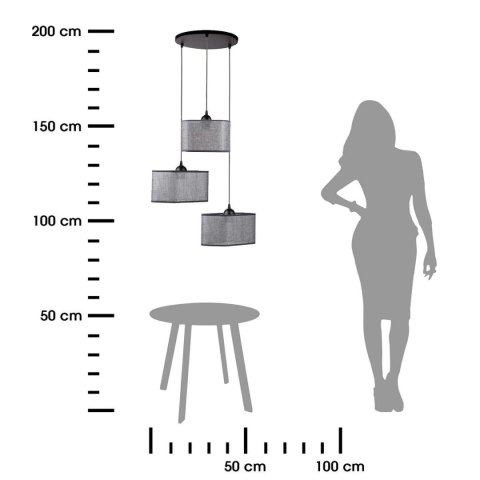 Potrójna lampa wisząca Grigio Lampa sufitowa składająca się z trzech lamp wiszących z abażurami. Wysokość max. 115 cm, średnica 