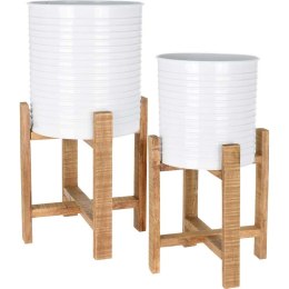Doniczka na stojaku biała kpl 2 szt Zdobiony, wykonany z metalu, komplet donic na drewnianym stojaku, wysokość całkowita: 58 cm,