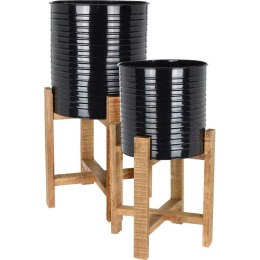 Doniczka na stojaku czarna kpl 2 szt Zdobiony, wykonany z metalu, komplet donic na drewnianym stojaku, wysokość całkowita: 58 cm