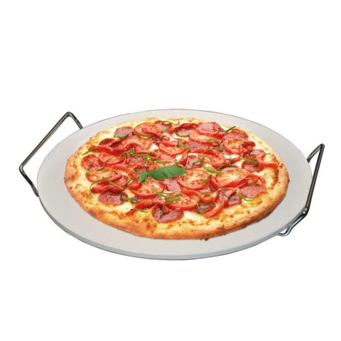 Kamień do pieczenia pizzy z uchwytami Nowoczesny okrągły kamień do pieczenia pizzy, chleba z metalowymi uchwytami do przenoszeni