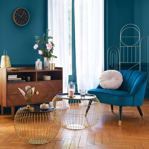 Komplet 2 stolików kawowych Alya Wykonane z metalu w kolorze złotym, mały i duży stolik w zestawie, nowoczesny i oryginalny desi