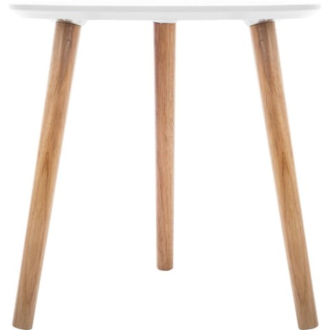 Komplet 3 stolików kawowych Mileo Blat wykonany z płyty MDF lakierowanej na biało, nogi z drewna w naturalnym kolorze, nowoczesn