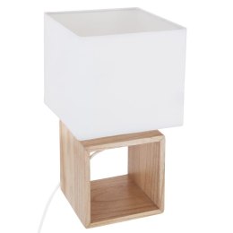 Lampka nocna Pojo kwadratowa 32 cmPodstawa wykonana z drewna w naturalnym kolorze, biały materiałowy abażur, idealna do salonu l