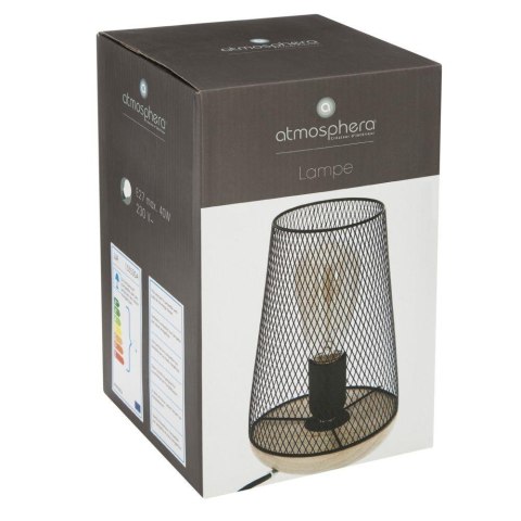 Lampka nocna Zely druciana 23 cm Podstawa wykonana z drewna w naturalnym kolorze, czarny metalowy klosz, idealna do salonu lub s