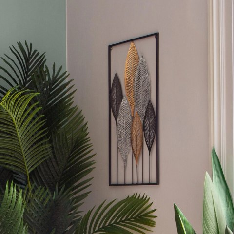 Metalowa ozdoba ścienna liście 37x65 cm W ramce, składająca się z wielokolorowych elementów przypominających liście, nowoczesny 
