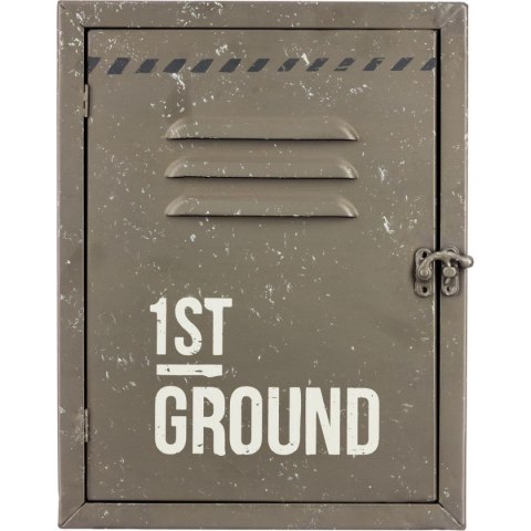 Skrzynka na klucze 30x23 cm szara Wykonana z metalu, ozdobiona napisami, industrialny design z celowymi przetarciami