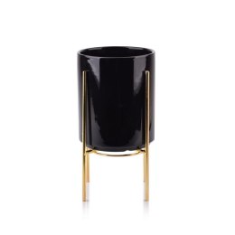 Doniczka na stojaku Neva czarna 23,5 cm Wykonana z ceramiki, metalowy stojak w kolorze złotym, idealna dekoracja każdego wnętrza