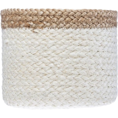 Komplet 3 białych koszy jutowych Okrągły kształt, połączenie naturalnej kolorystyki z bielą, każdy w innym rozmiarze