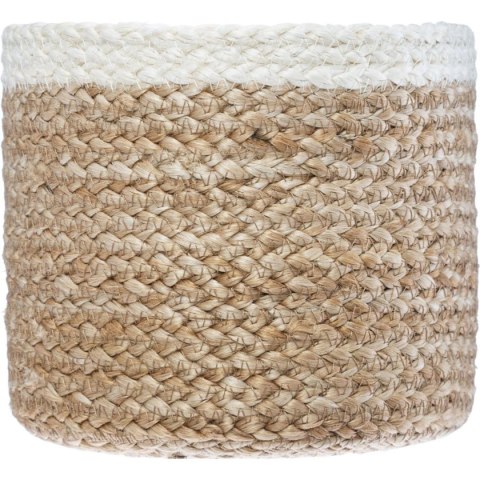 Komplet 3 białych koszy jutowych Okrągły kształt, połączenie naturalnej kolorystyki z bielą, każdy w innym rozmiarze
