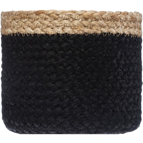 Komplet 3 czarnych koszy jutowych Okrągły kształt, połączenie naturalnej kolorystyki z czernią, każdy w innym rozmiarze