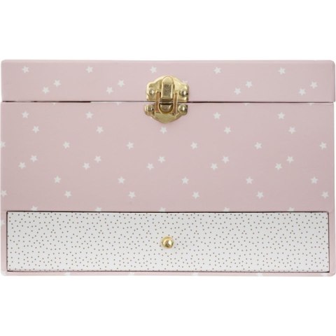 Kuferek na biżuterię z pozytywką Kartonowy, w kolorze różowym, wyposażony w 5 przegródek i lusterko, zamykany na zamek