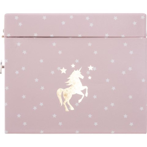 Kuferek na biżuterię z pozytywką Kartonowy, w kolorze różowym, wyposażony w 5 przegródek i lusterko, zamykany na zamek