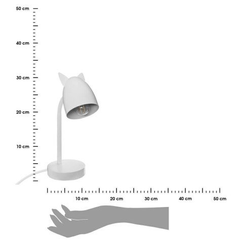 Lampka biurkowa dla dziecka białaWykonana z metalu, ozdobne uszy na kloszu, funkcjonalny i stylowy dodatek do pokoju dziecięcego