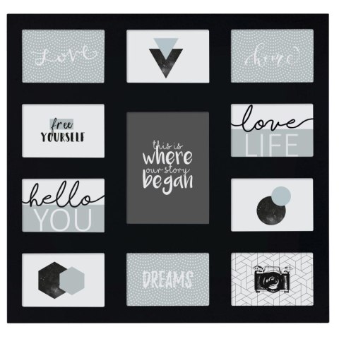 Ramka Gael czarna na 11 zdjęć Wykonana z płyty MDF, 10 miejsc na zdjęcia w formacie 10x15 cm i jedno na zdjęcie w formacie 15x21