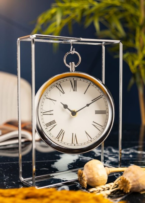 Zegar stołowy metalowy srebrny Metalowy okrągły zegar stojący zawieszony w prostokątnej ramce, w kolorze srebrnym o wymiarach: 2