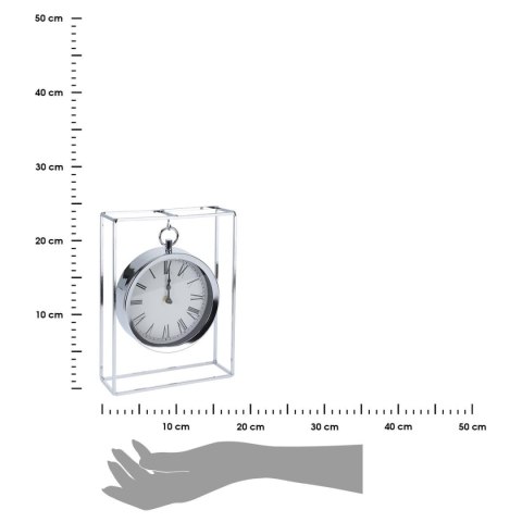 Zegar stołowy metalowy srebrny Metalowy okrągły zegar stojący zawieszony w prostokątnej ramce, w kolorze srebrnym o wymiarach: 2