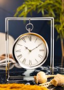 Zegar stołowy metalowy srebrny Metalowy okrągły zegar stojący zawieszony w prostokątnej ramce, w kolorze srebrnym o wymiarach: 2