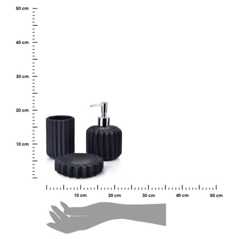 Komplet łazienkowy Ferra Black Wykonany z ceramiki, w skład zestawu wchodzi dozownik na mydło, kubek na szczoteczki i podstawka 