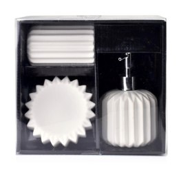 Komplet łazienkowy Ferra White Wykonany z ceramiki, w skład zestawu wchodzi dozownik na mydło, kubek na szczoteczki i podstawka 