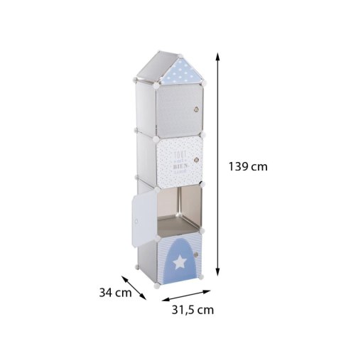 Składana szafka do pokoju dziecka szara Złożona z 4 kwadratowych bloczków ułożonych jeden na drugim, fronty ozdobione dekoracyjn