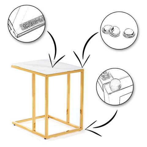 Stolik pomocnik Lurus Gold White 40 cm Wykonany ze stali nierdzewnej, polerowanej na wysoki połysk w kolorze złotym, blat z hart