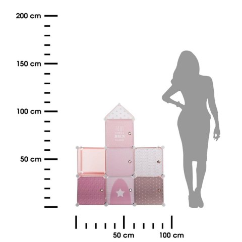 Szafka Castle do pokoju dziecka różowa Złożona z 7 kwadratowych bloczków ułożonych w kształt zamku, fronty ozdobione dekoracyjny