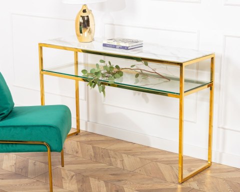 Toaletka Natia Gold White 120 cm Wykonana ze stali nierdzewnej w kolorze złotym oraz blatu z hartowanego szkła