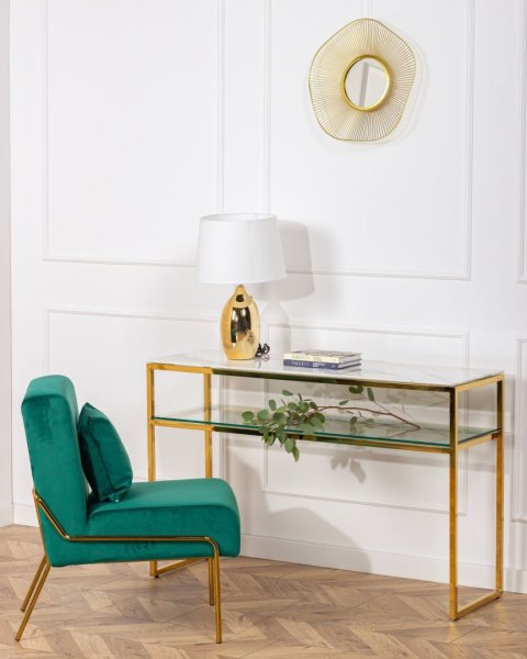 Toaletka Natia Gold White 120 cm Wykonana ze stali nierdzewnej w kolorze złotym oraz blatu z hartowanego szkła