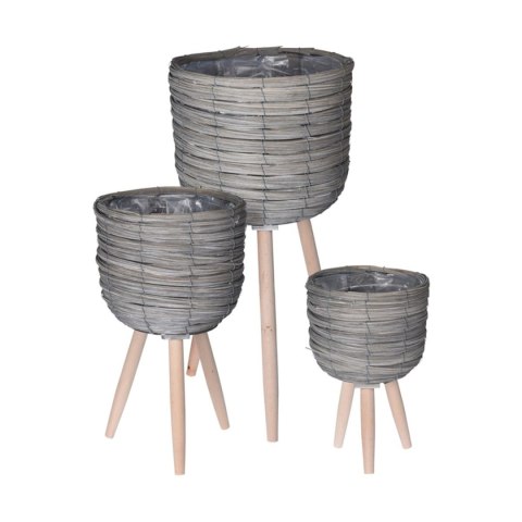 Komplet donic na trójnogu kolor szary Zestaw 3 szt osłonek wykonanych i plecionych w trawy morskiej, na drewnianych nogach o wys