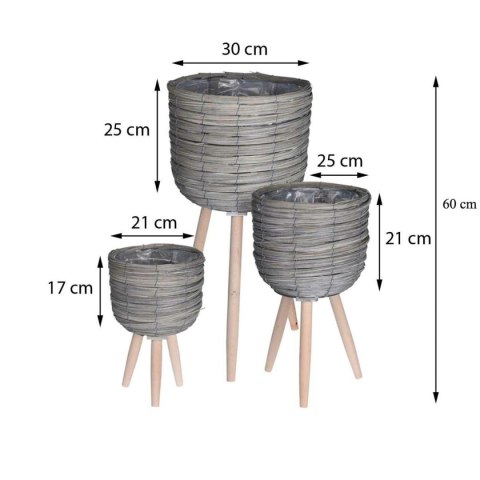 Komplet donic na trójnogu kolor szary Zestaw 3 szt osłonek wykonanych i plecionych w trawy morskiej, na drewnianych nogach o wys