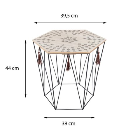 Stolik kawowy Kumi Etnik Metalowa podstawa w kolorze czarnym, blat wykonany z płyty MDF ozdobionej etnicznym wzorem oraz frędzla