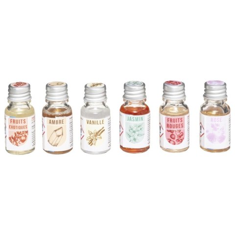 Zestaw 6 olejków zapachowych w szkatułceW skład zestawu wchodzi 6 olejków o różnych zapachach, 2 tealighty i ceramiczny kominek,