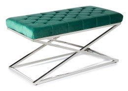 Ławka pikowana Saliba Silver Green Pufa w stylu glamour, rama wykonana ze stali w kolorze srebrnym, pikowane siedzisko w kolorze