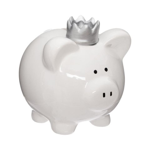 Skarbonka świnka z koroną biała Wykonana z ceramiki, wykończona ozdobną koroną w kolorze srebrnym, idealny pomysł na prezent